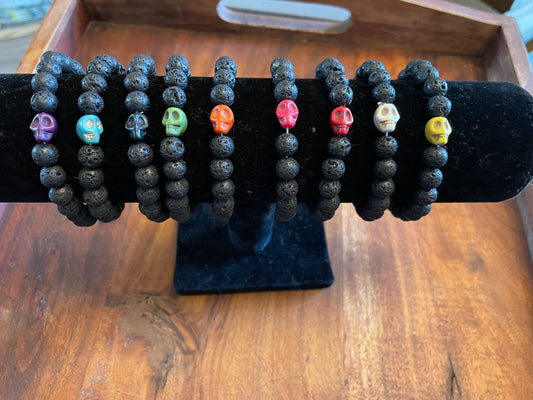 Unique Authentic Lava Bead Skull Elastic Bracelets in Multiple Colors