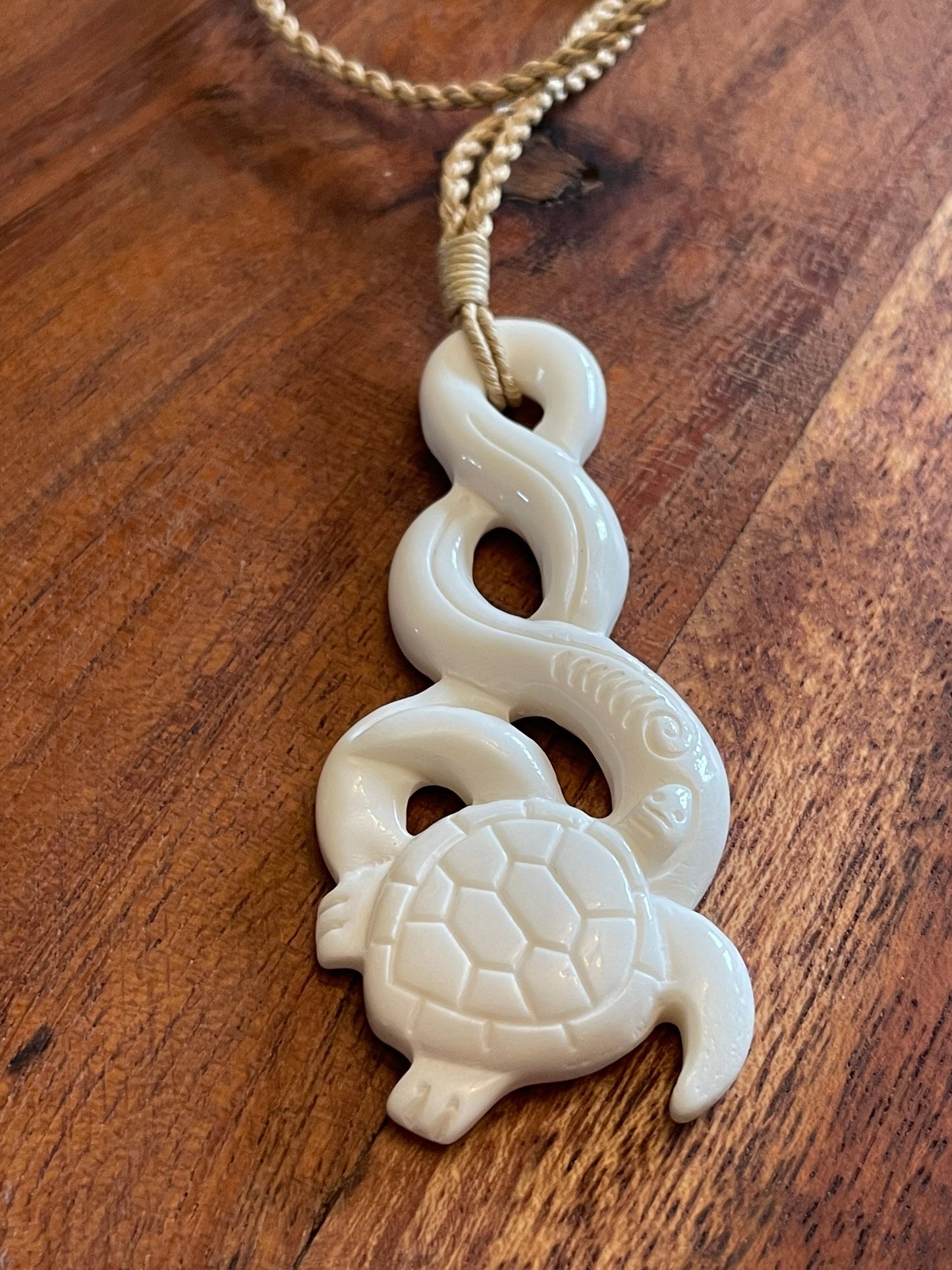 Hand Carved Buffalo Bone Turtle Pikorua Necklace, Adjustable Length