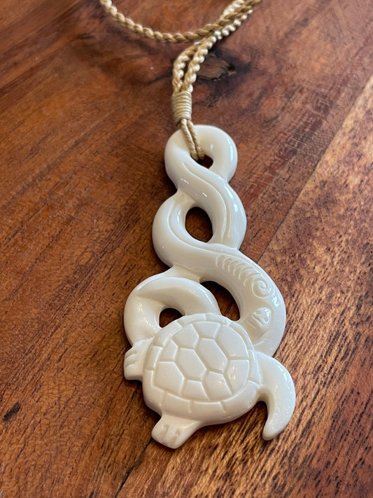 Hand Carved Buffalo Bone Turtle Pikorua Necklace, Adjustable Length