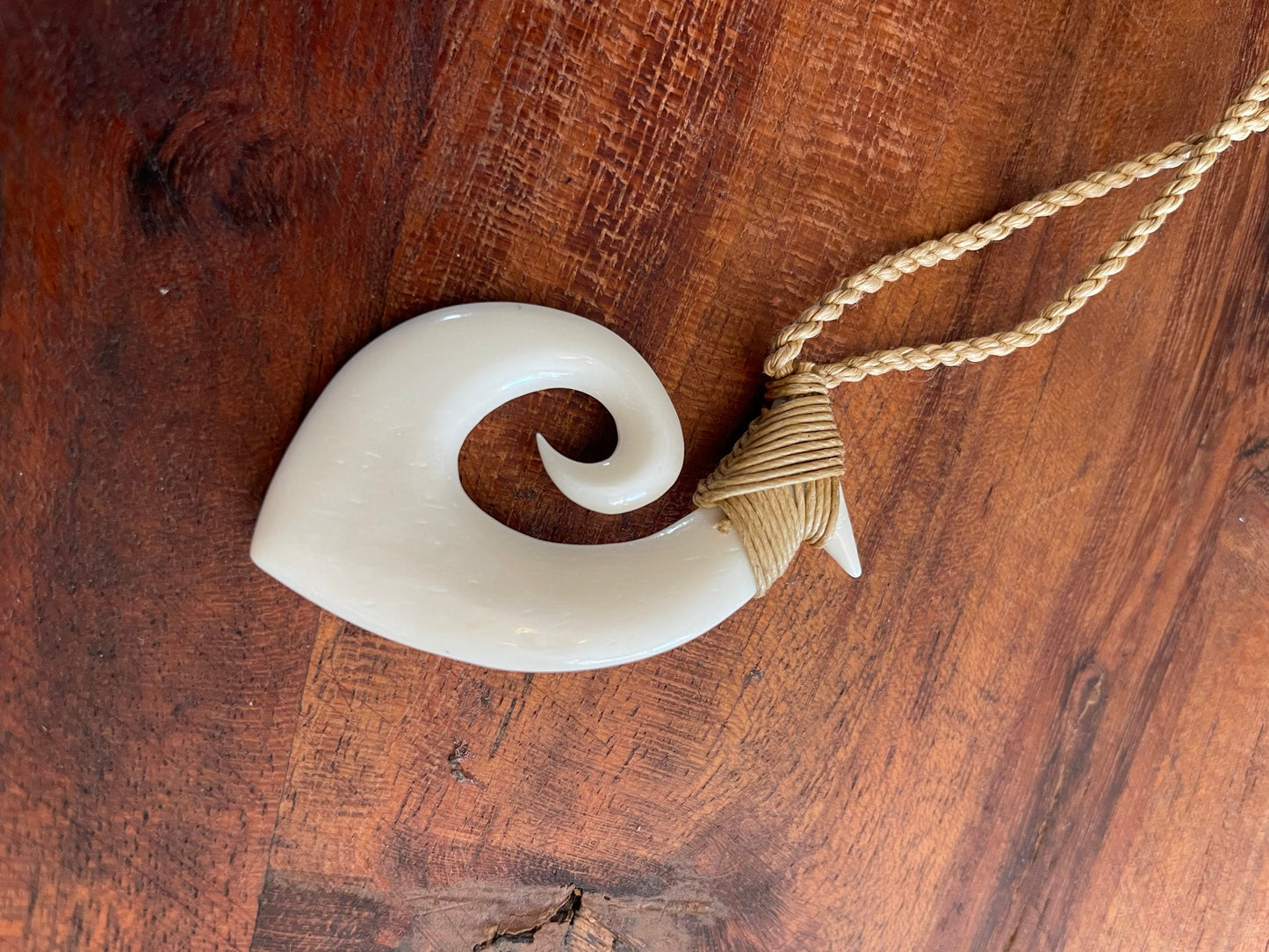 Hand Carved Buffalo Bone Makau Fish Hook Necklace - Koru Tip, Surfer Cord