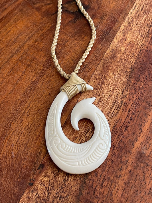 Hand Carved Buffalo Bone Fish Hook Necklace – Polynesian Koru Hei Makau