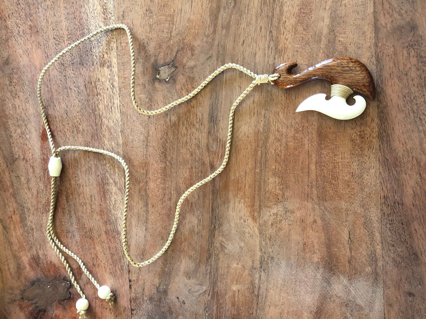 Authentically Hand Carved Buffalo Bone and Koa Wood Makau or Fish Hook Adjustable Necklace