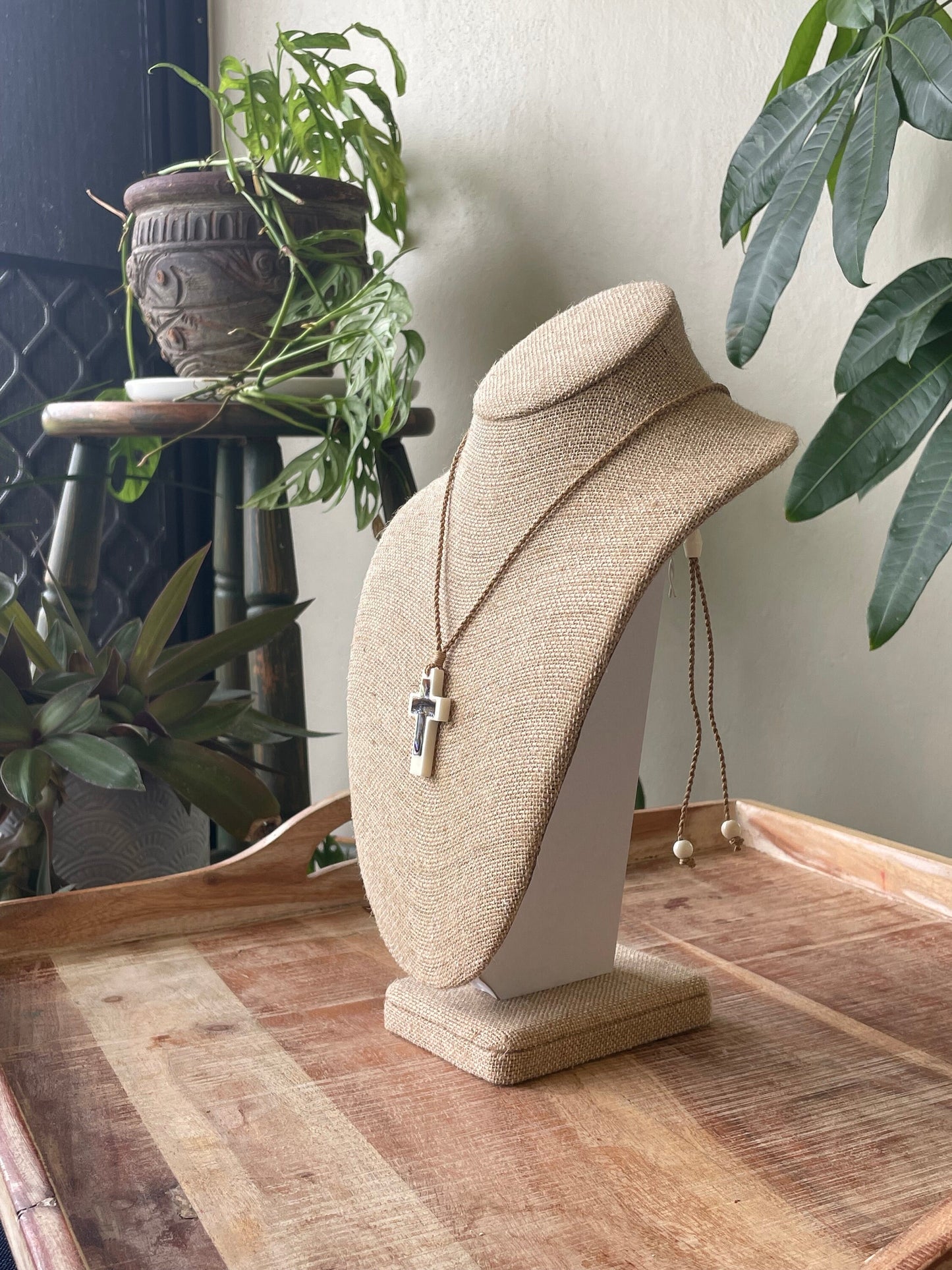 Christian Bone and Abalone Shell Cross Adjustable Necklace Polynesian Handcrafted Surfer Style