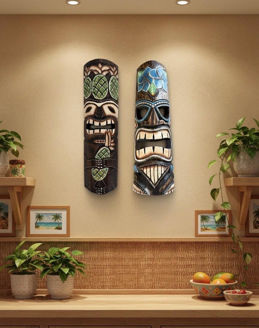 Blue Plumeria Hawaiian Tiki - Lightweight Teakwood Handcarved and Handpainted Display