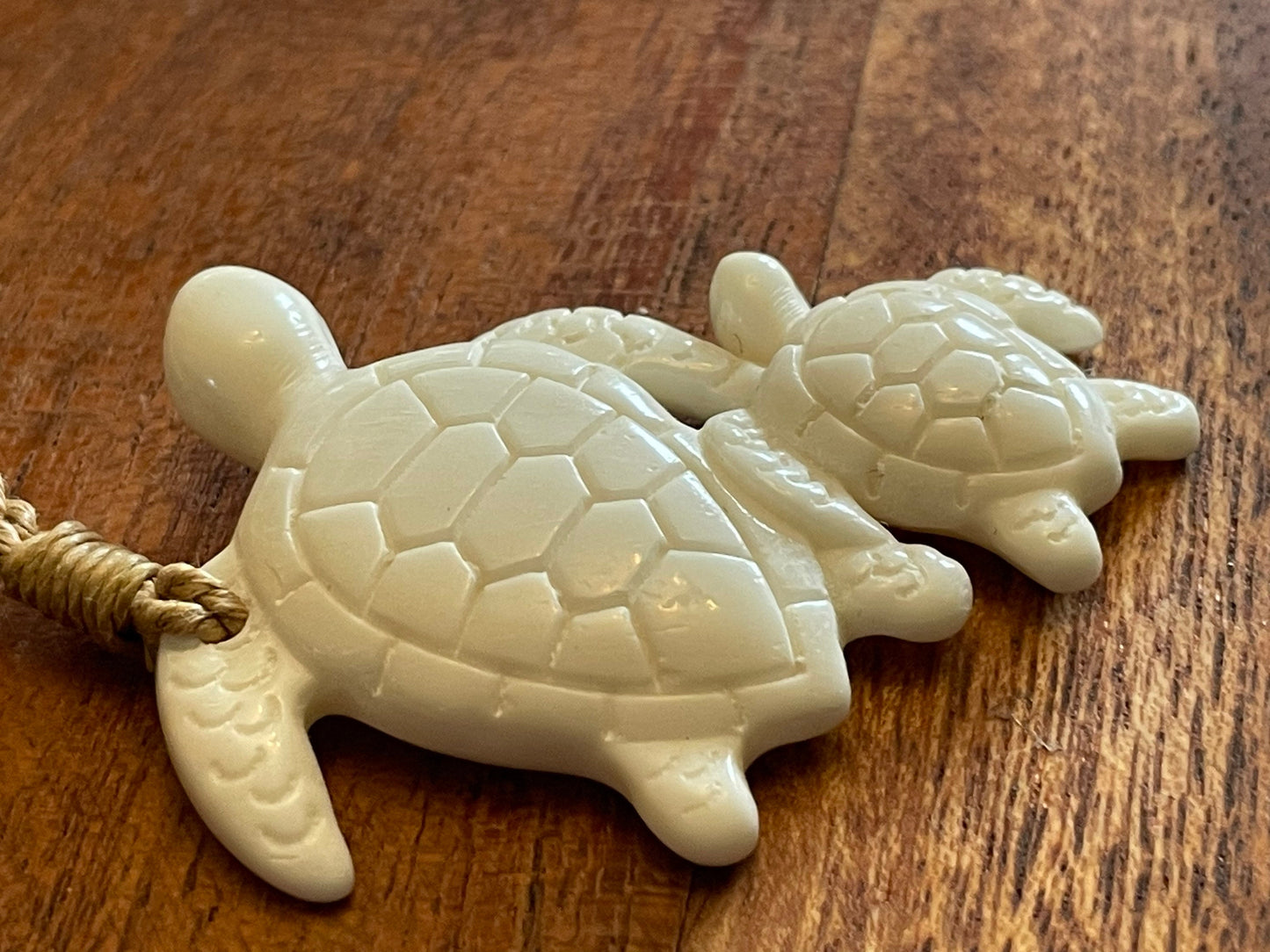 Momma and Baby Sea Turtle Duo Hand Carved Solid Bone Adjustable Necklace