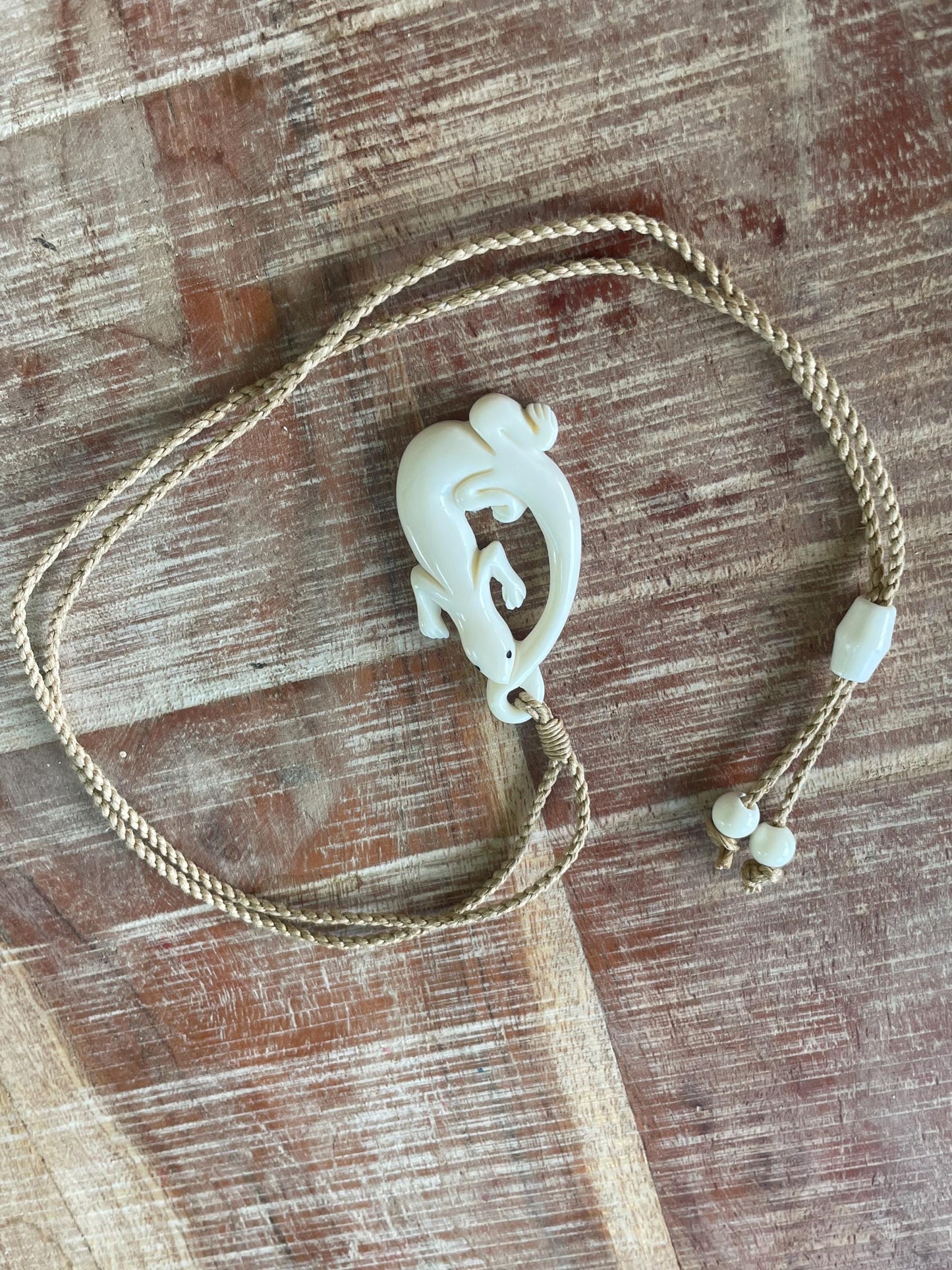 Traditional Lizard (Luck & Fortune) Solid Hand Carved Buffalo Bone Polynesian Adjustable Necklace