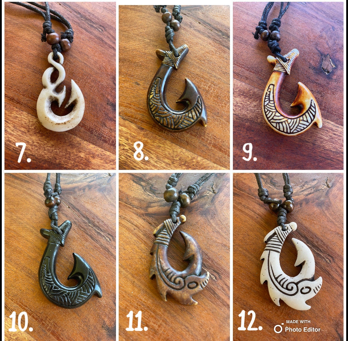 Maui Hooks - Hei Makau Adjustable Bone & Resin Necklaces- Story included in images!