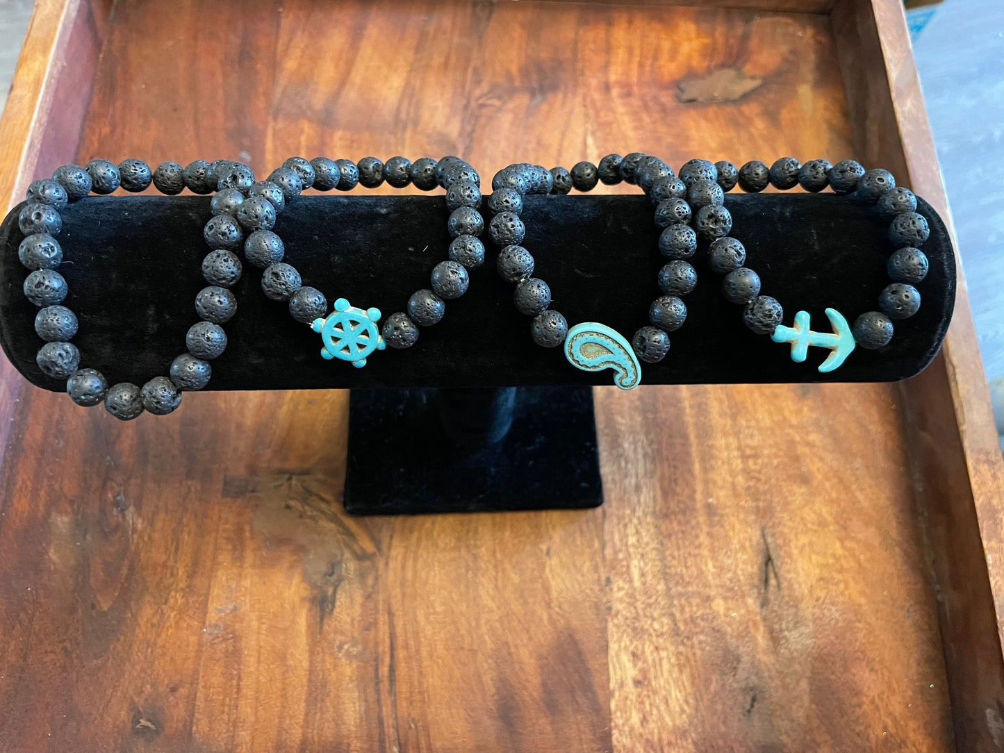 Real Lava Bead Elastic Bracelets with Turquoise Nautical Clay Bead Accent Beads