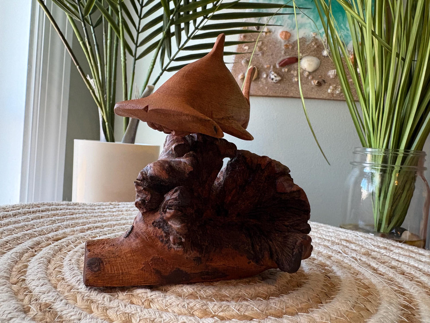 Hand Carved Hammerhead Shark Sculpture on Leech Wood Base