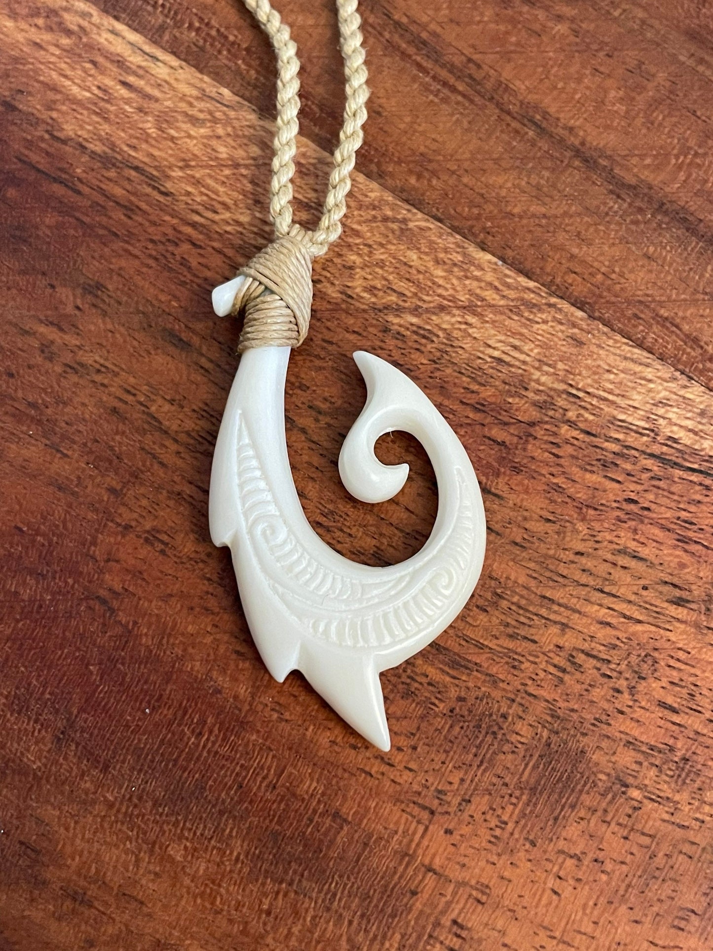 Uniquely Handcarved Solid Buffalo Bone Hei Makau Fish Hook with Koru
