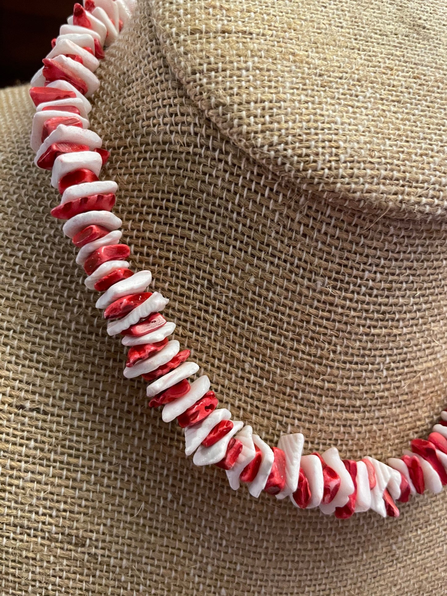 Red and White Puka Shell Necklace - Striped Retro Style, .925 Silver Clasp