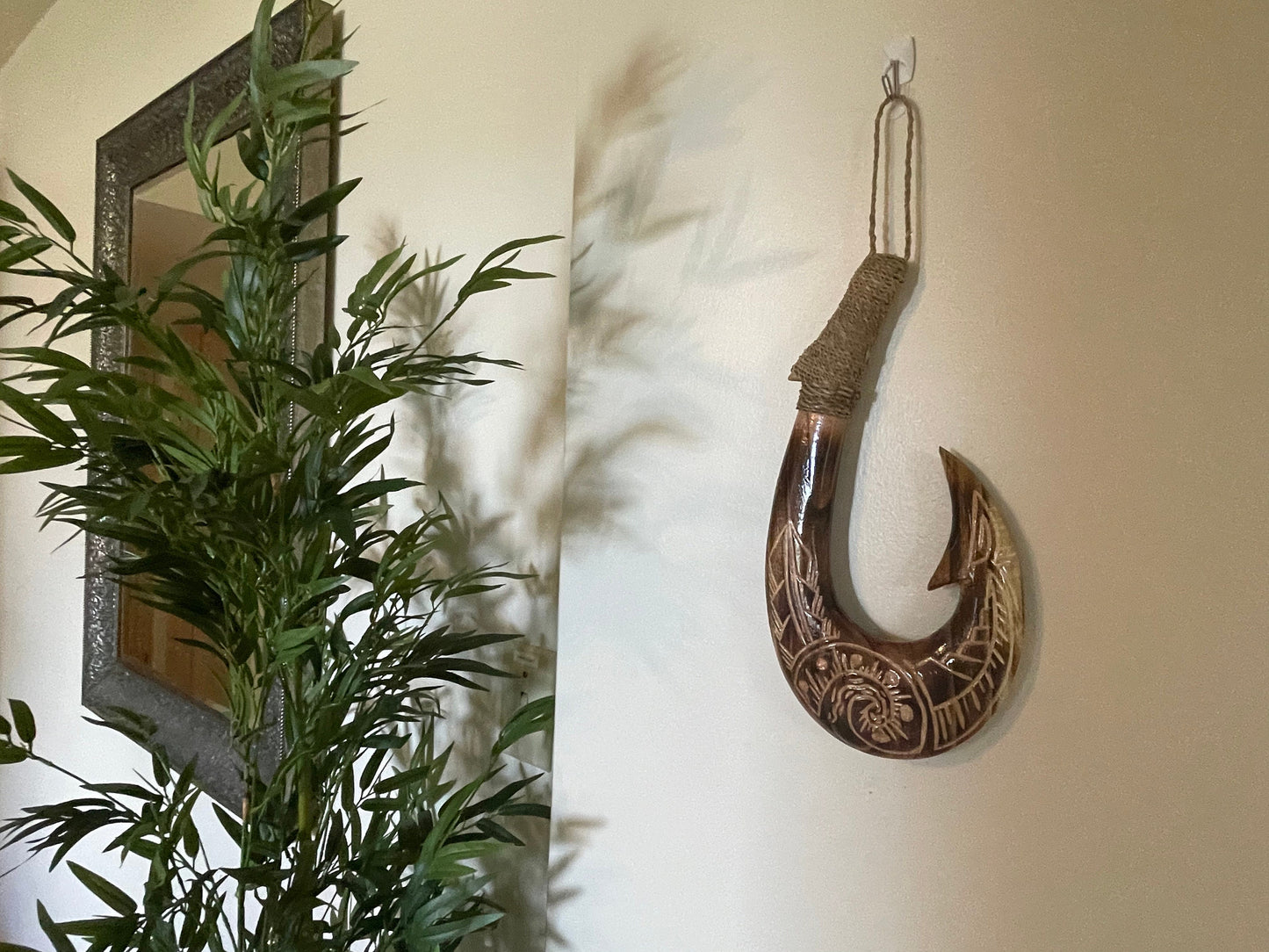 Handmade Polynesian Fish Hook Wall Decor – Engraved Hei Makau