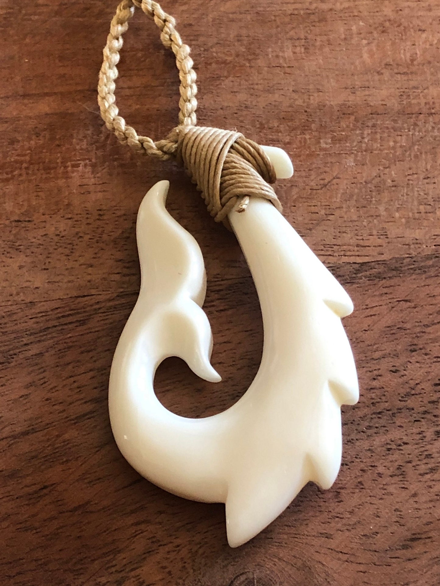 Hand Carved Buffalo Bone Makau Necklace: Adjustable Boho Surfer Jewelry