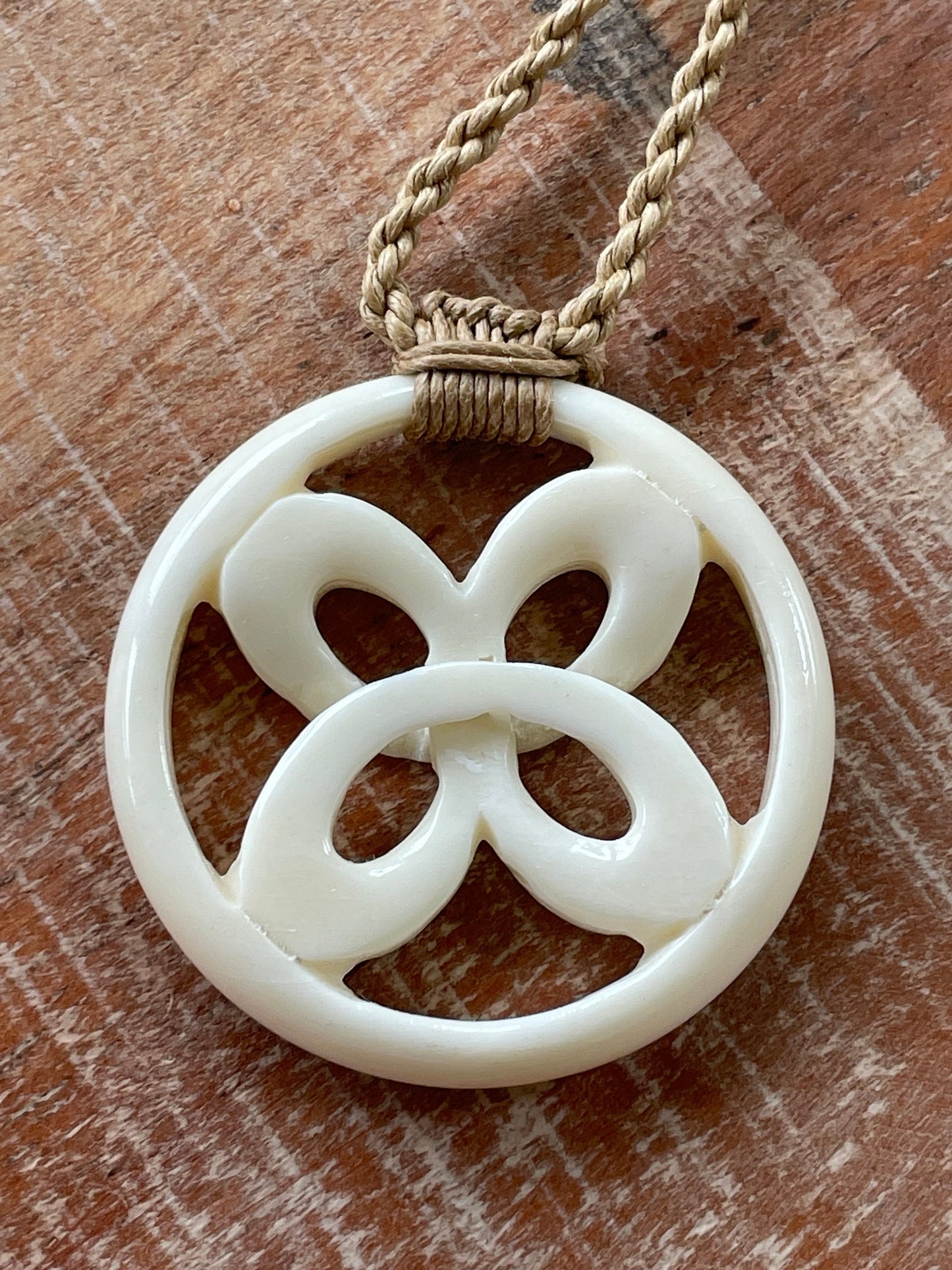 Hand Carved Buffalo Bone Polynesian Necklace – Adjustable Clover Pendant