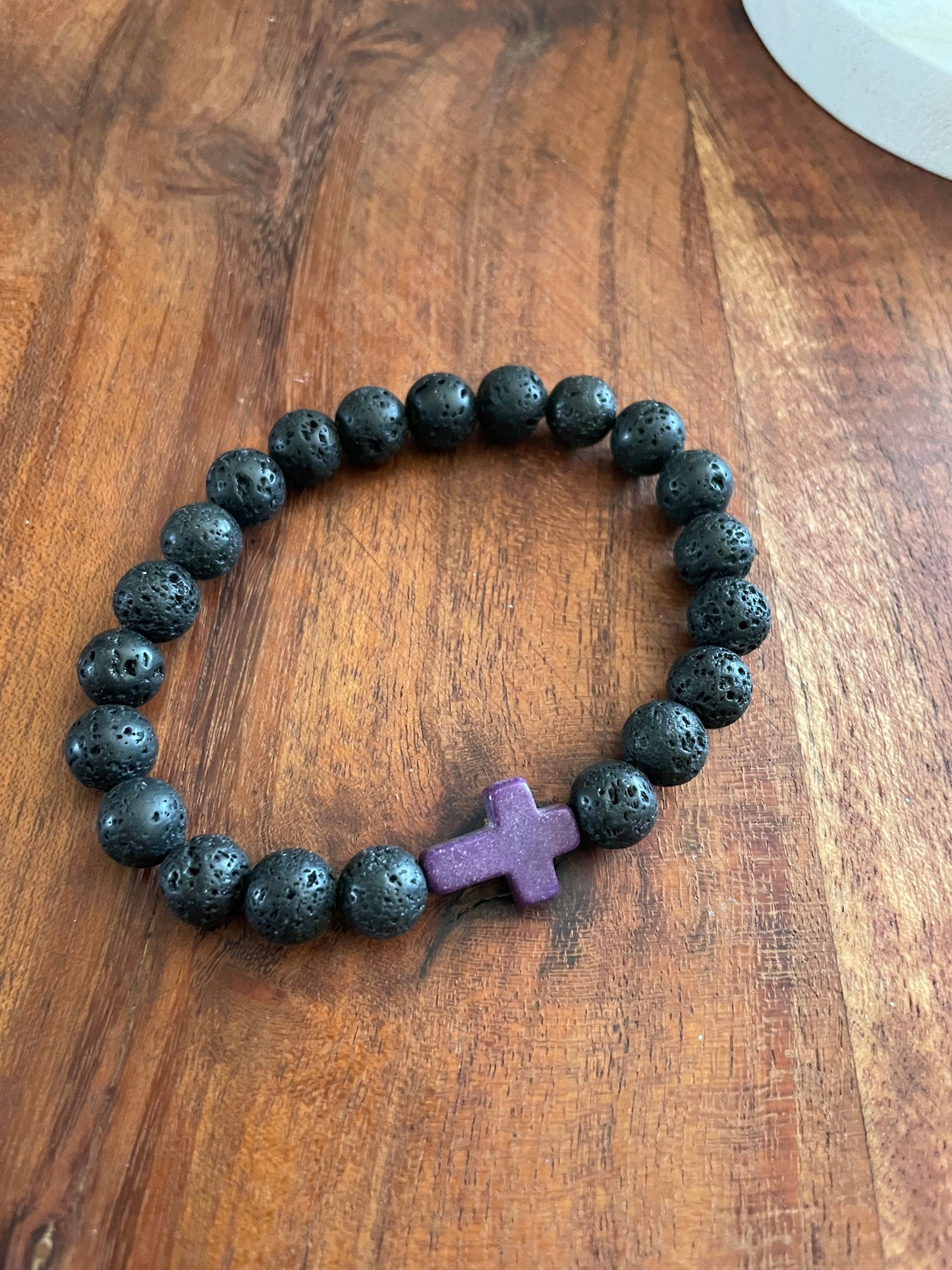 Solid Lava Beaded Elastic Bracelets with Christian Cross Clay Bead
