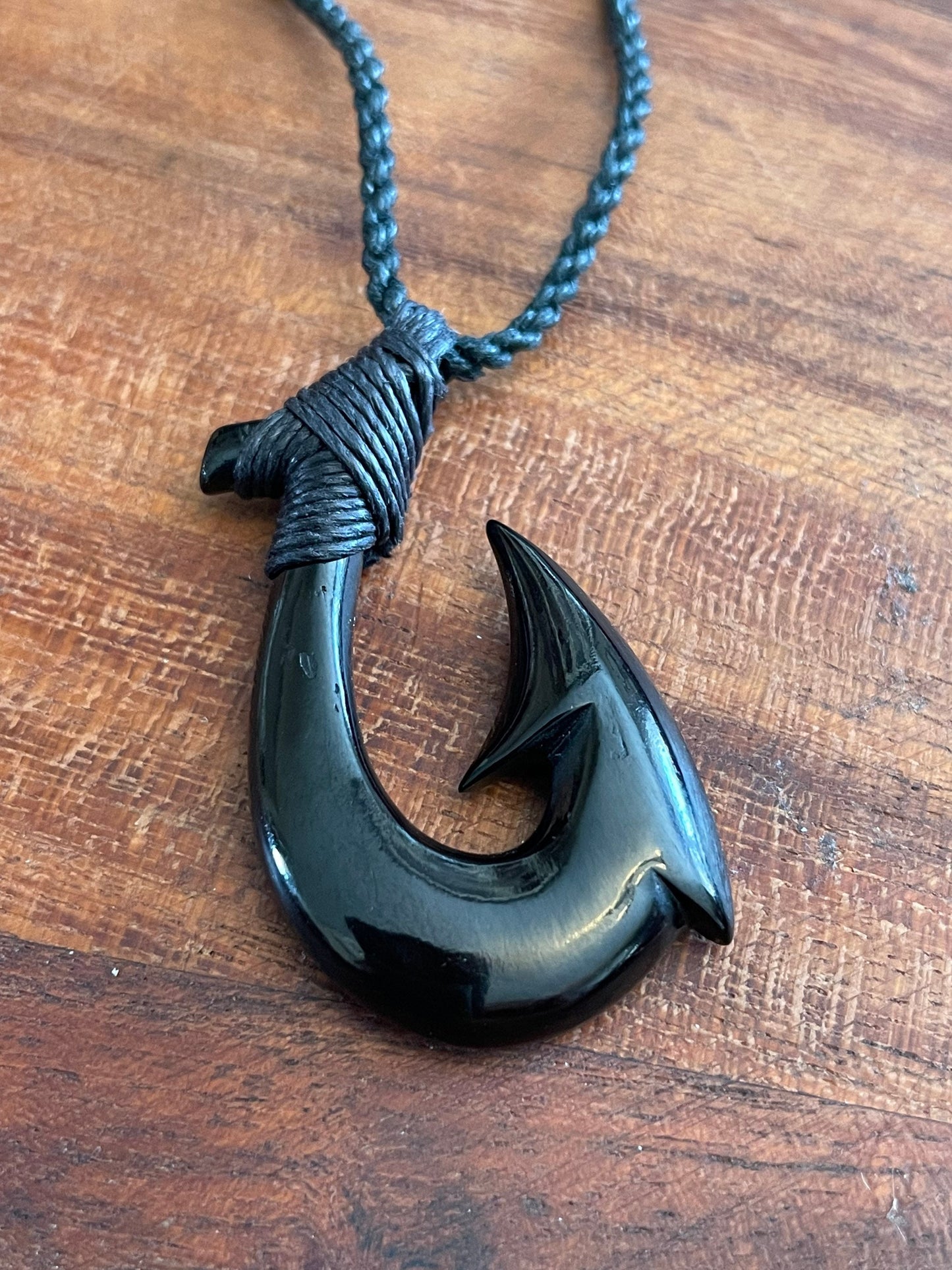 Onyx Solid Buffalo Bone/Horn, Hand Carved, Hei Makau ( Fish Hook) Adjustable Necklace