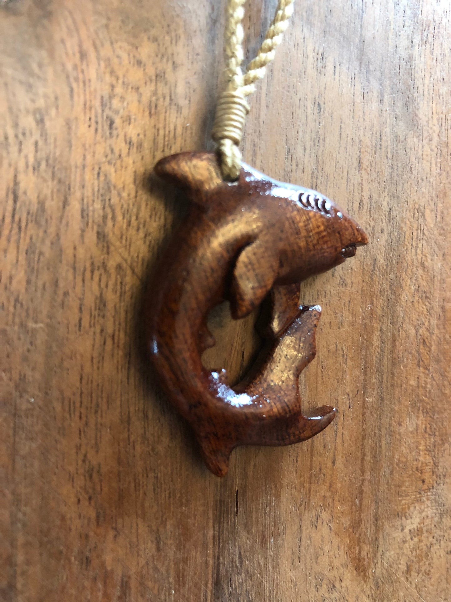 Oceanic Wildlife Art- Solid Koa Wood Handcarved Shark Adjustable Necklace