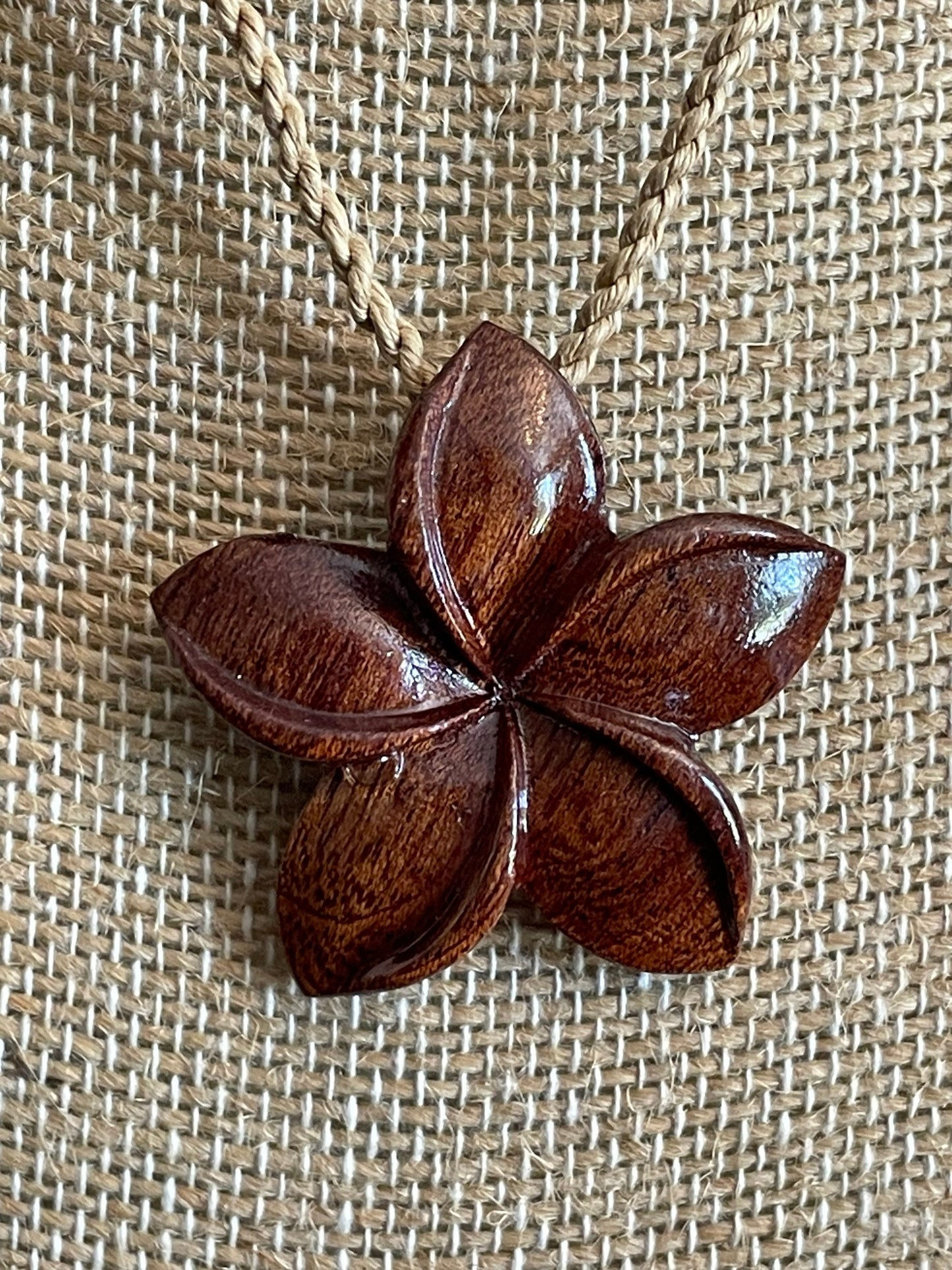 Hand Carved Koa Wood Plumeria Pendant – Adjustable Hemp Necklace