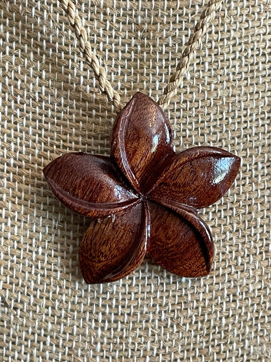 Hand Carved Koa Wood Plumeria Pendant – Adjustable Hemp Necklace