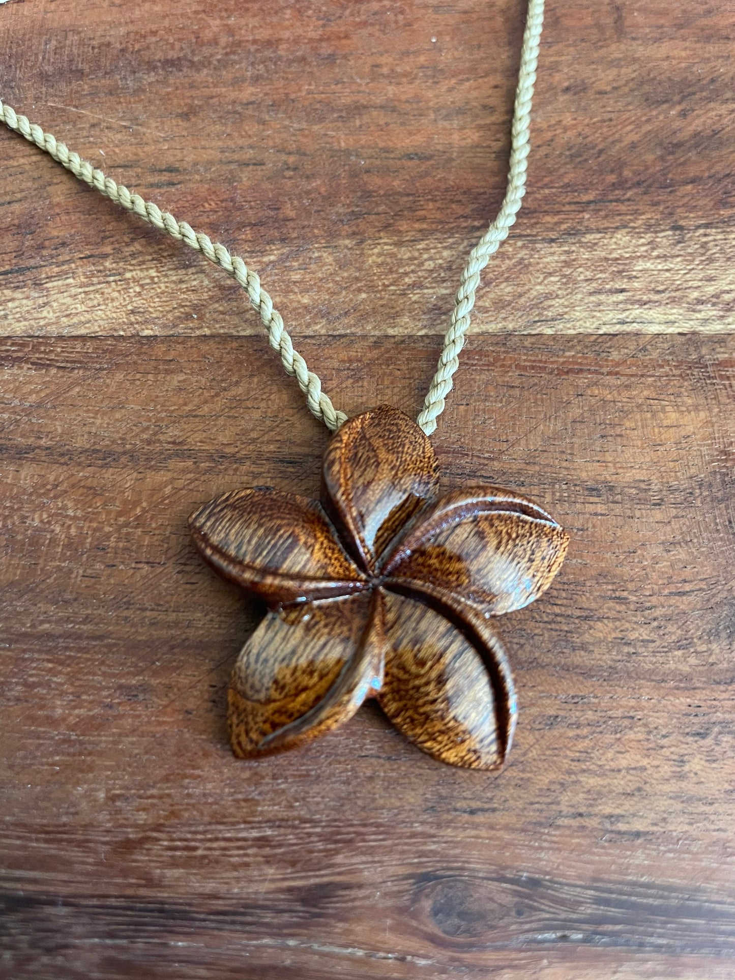 Hand Carved Koa Wood Plumeria Pendant – Adjustable Hemp Necklace