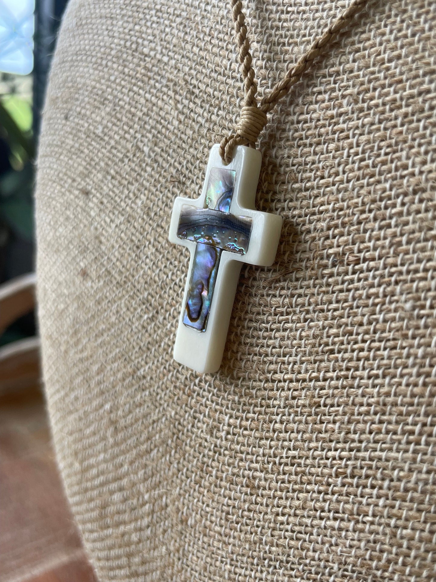 Christian Bone and Abalone Shell Cross Adjustable Necklace Polynesian Handcrafted Surfer Style