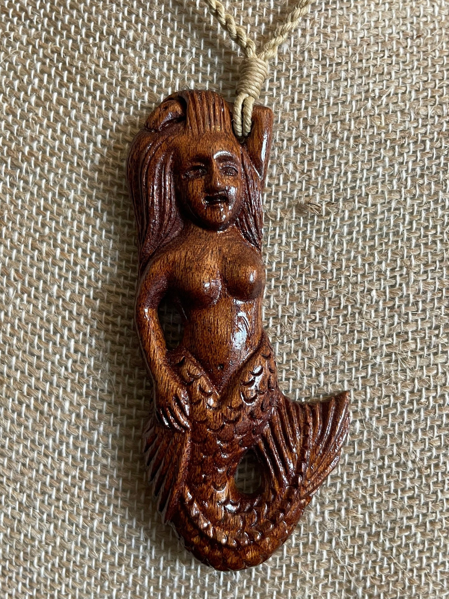 Hand Carved Koa Wood Mermaid Necklace – Adjustable Polynesian Jewelry
