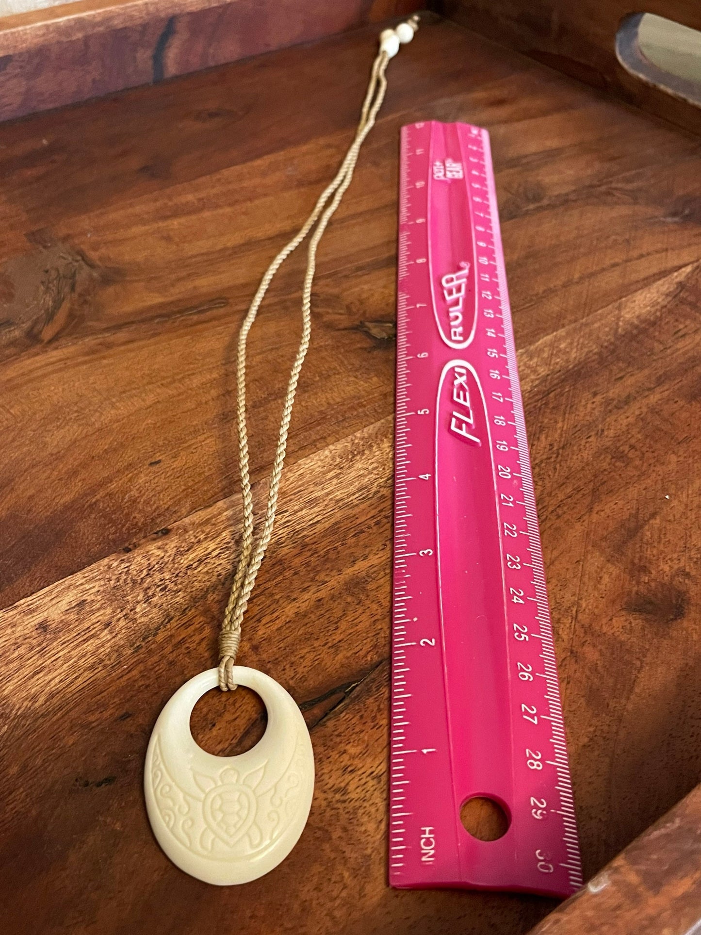 Solid Bone Handcarved Pendant with Sea Turtle, Honu, Engraved - Polynesian Beachy Boho Adjustable Necklace