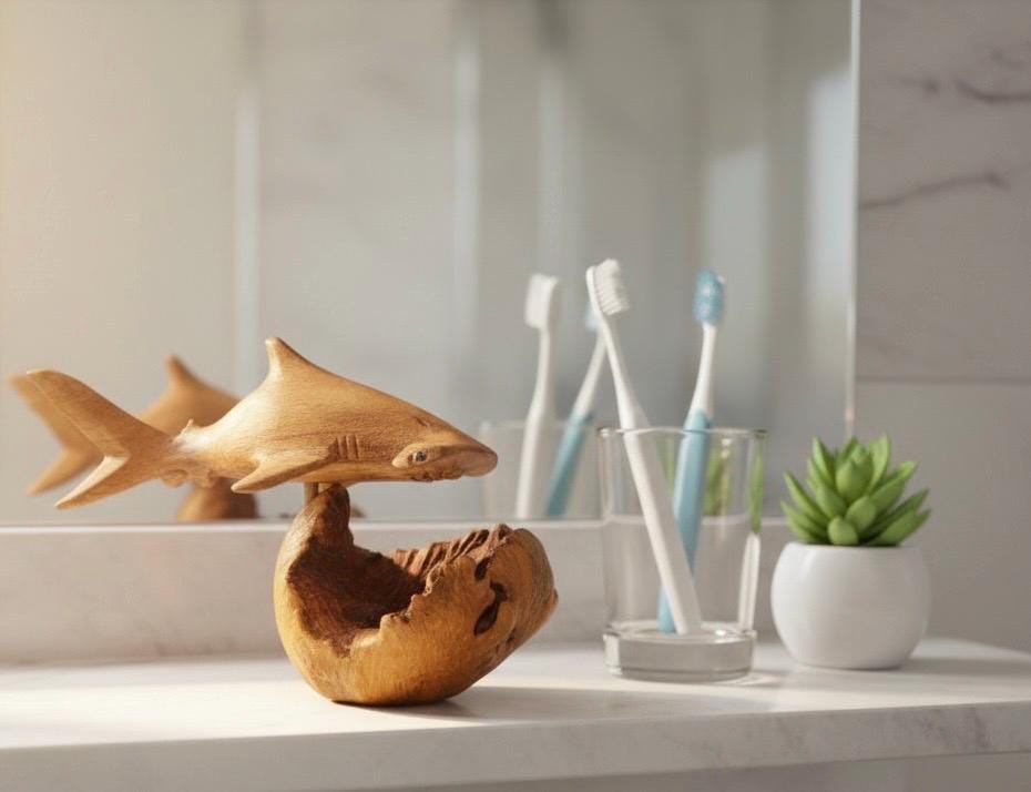 Hand Carved Hammerhead Shark on Leech Wood Base