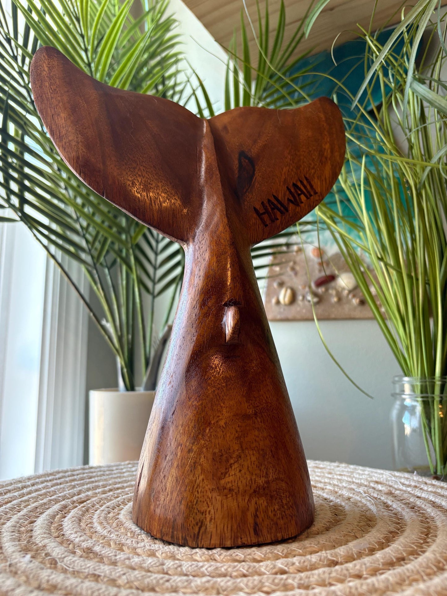 Large Hand-Carved Hibiscus-Wood Whale Tail Sculpture