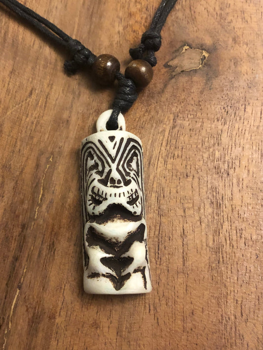 Bold Polynesian Handcrafted Bone and Resin Tiki Adjustable Necklace