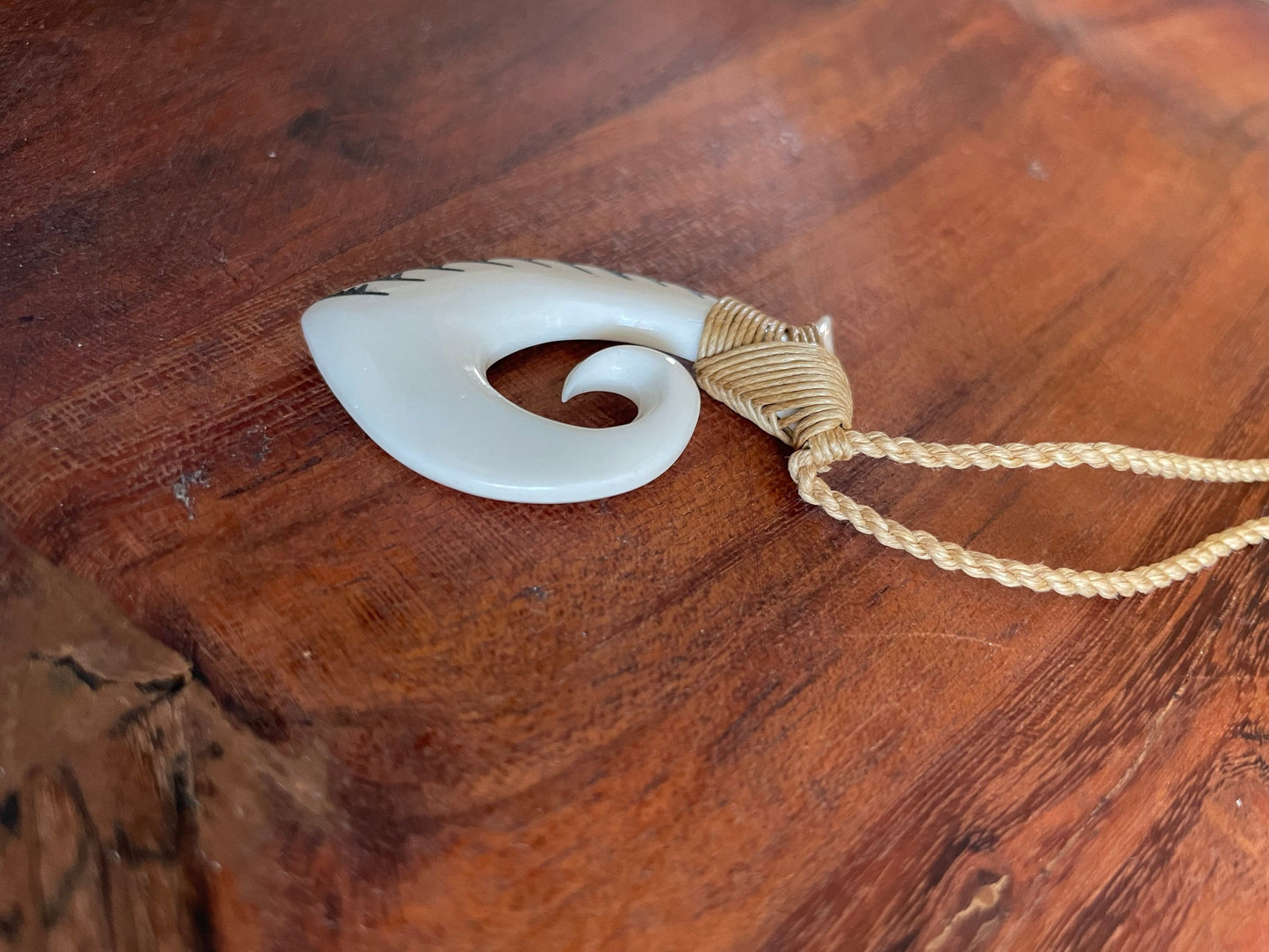 Hand Carved Buffalo Bone Makau Fish Hook Necklace - Koru Tip, Surfer Cord