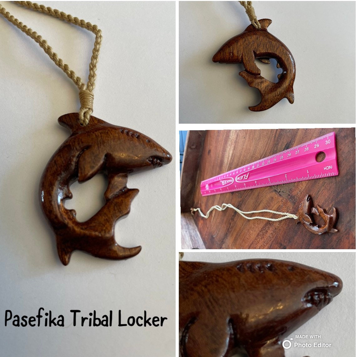 Oceanic Wildlife Art- Solid Koa Wood Handcarved Shark Adjustable Necklace