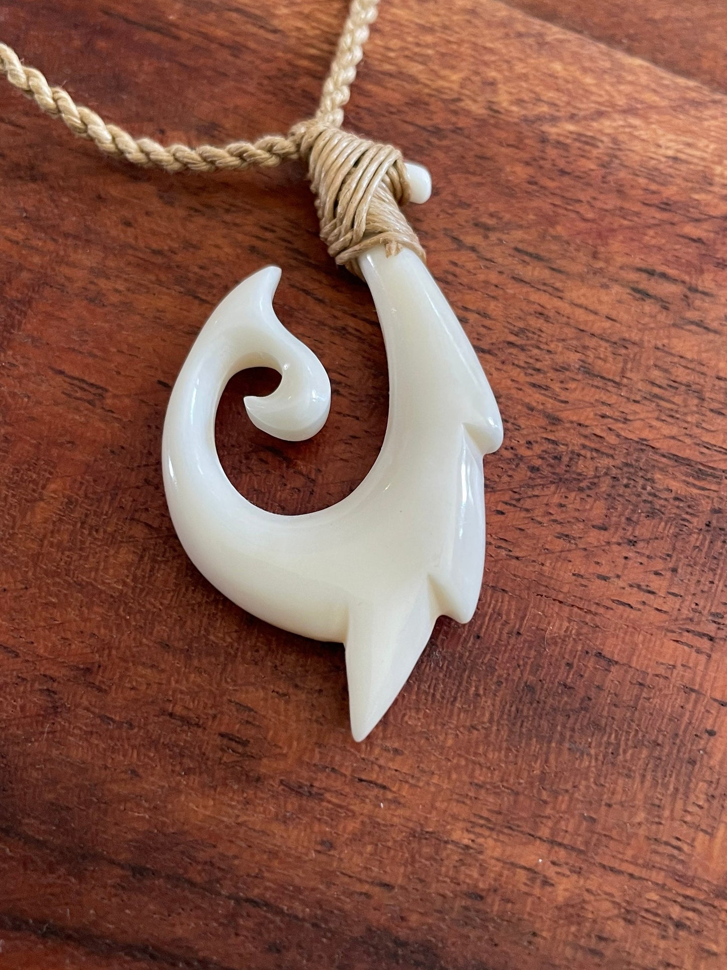 Uniquely Handcarved Solid Buffalo Bone Hei Makau Fish Hook with Koru