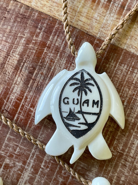 Handcarved Bone Guam Flag Sea Turtle Necklace – Adjustable Chamorro Jewelry