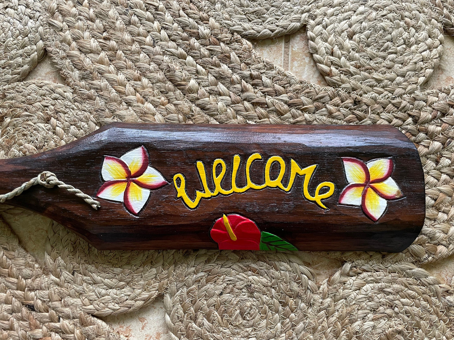 Hand Carved and Brightly Hand Painted Solid Wood Welcome Hawaiian Paddle Adorned with Flowers