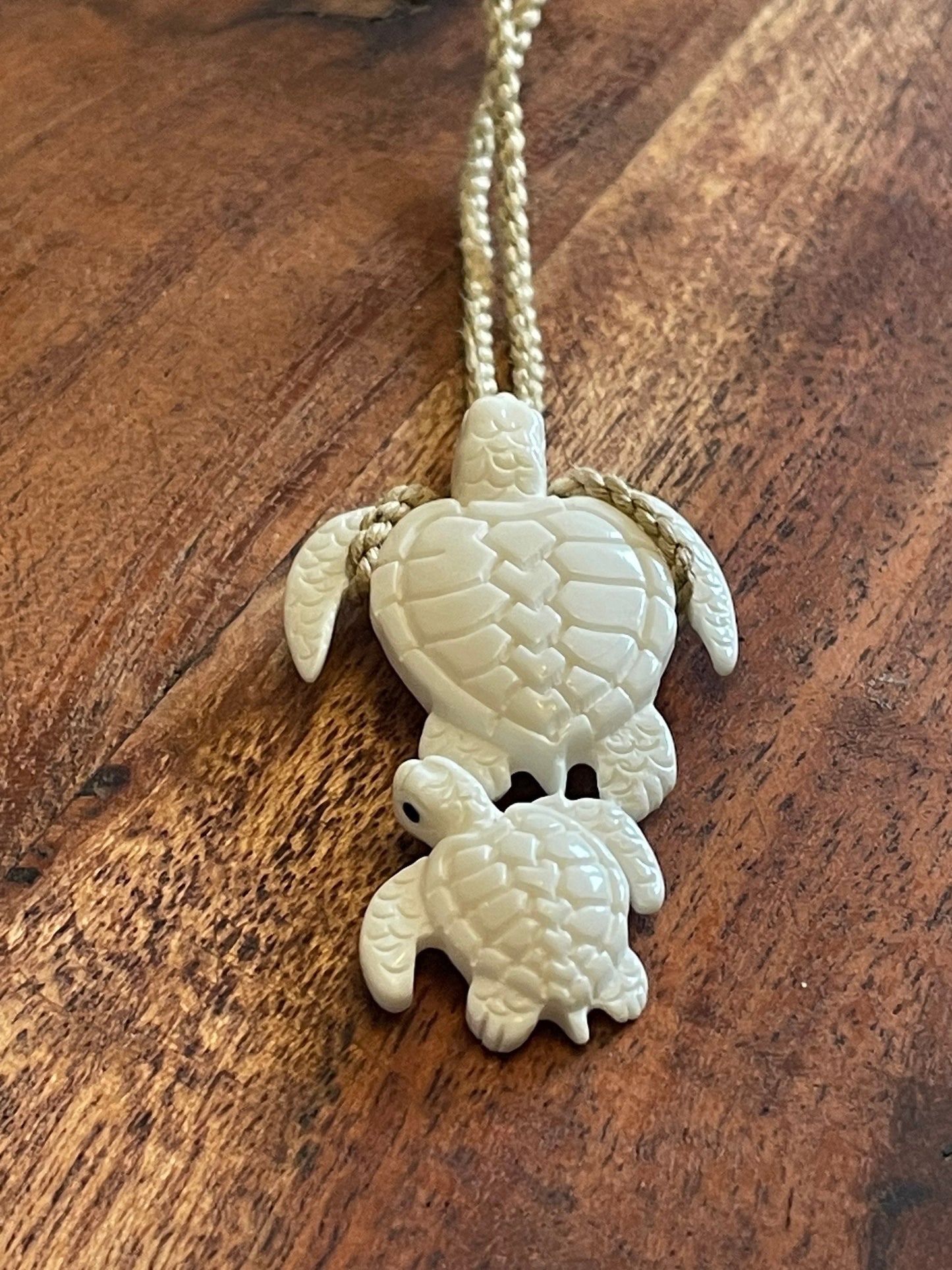 Sweet Pair of Polynesian Sea Turtles Carved from Solid Bone Adjustable Necklace