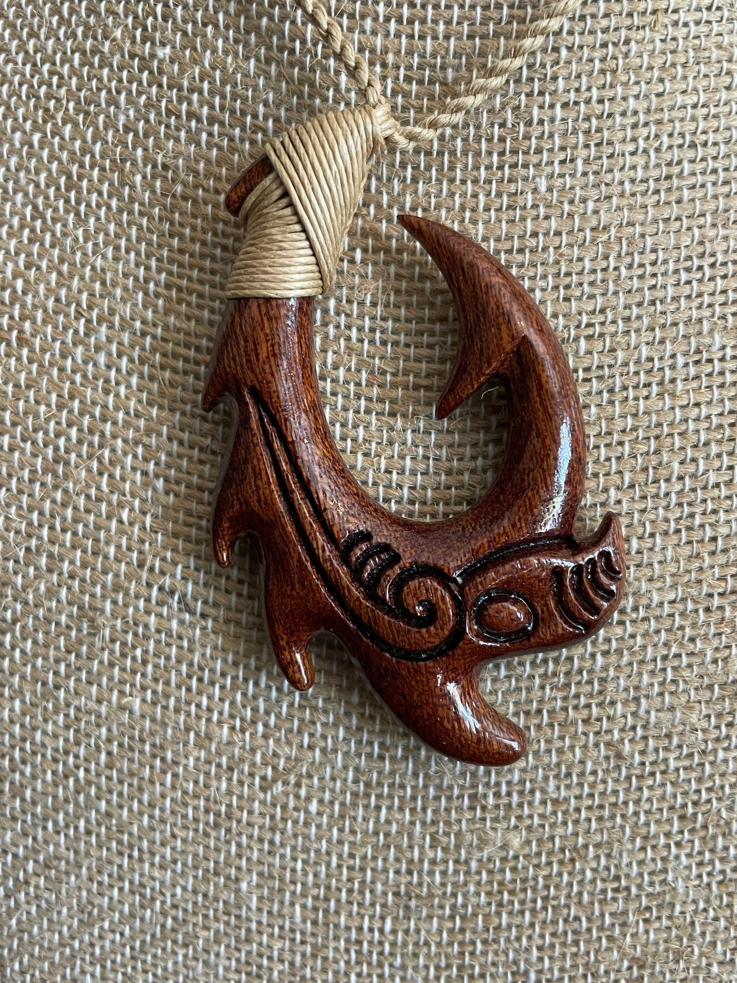 Hand Carved Koa Wood Makau Necklace, Koru Etchings, Adjustable Hemp Cord