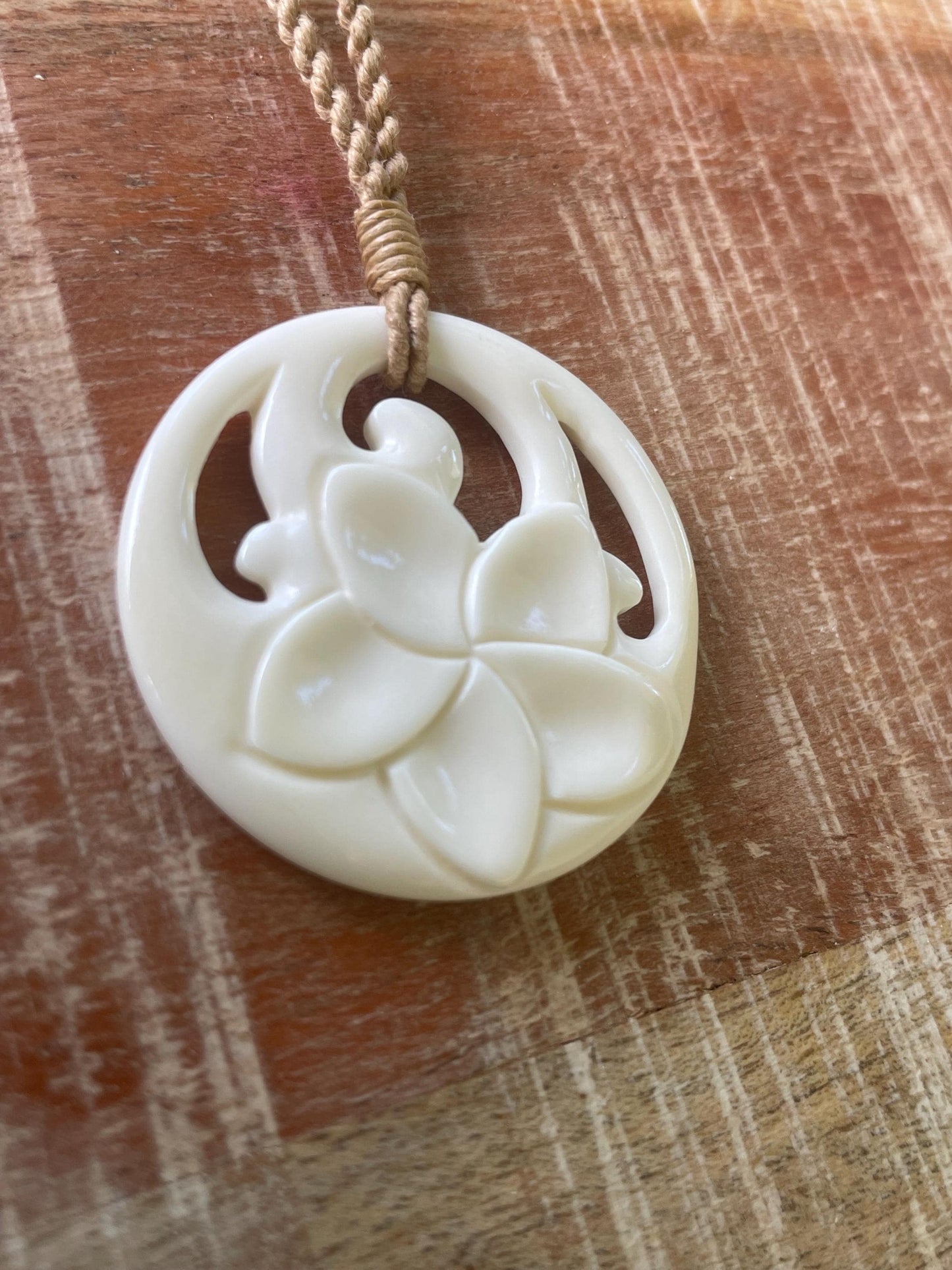 Hand Carved Bone Plumeria Necklace, Polynesian Boho Jewelry