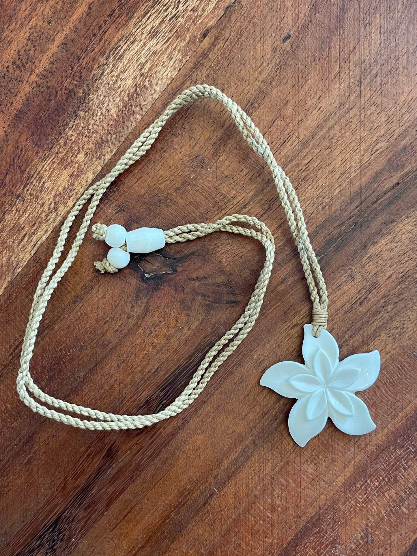 Hand Carved Bone Plumeria Necklace: Polynesian Boho Jewelry