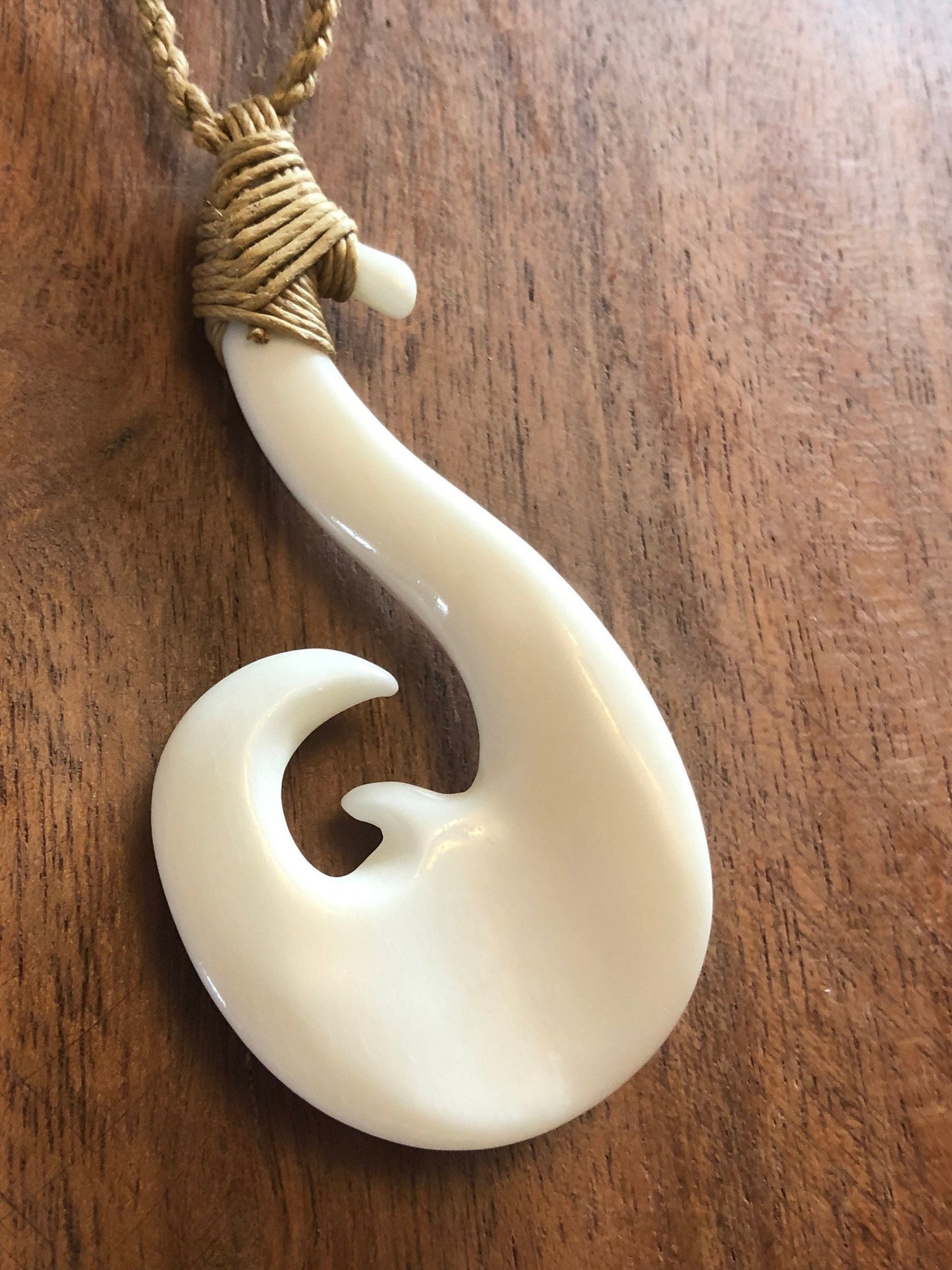 Hand Carved Buffalo Bone Fish Hook Necklace - Honu Sea Turtle Makau