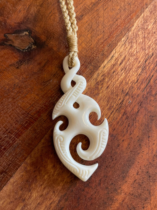 Hand Carved Buffalo Bone Pikorua Necklace, Adjustable Polynesian Jewelry
