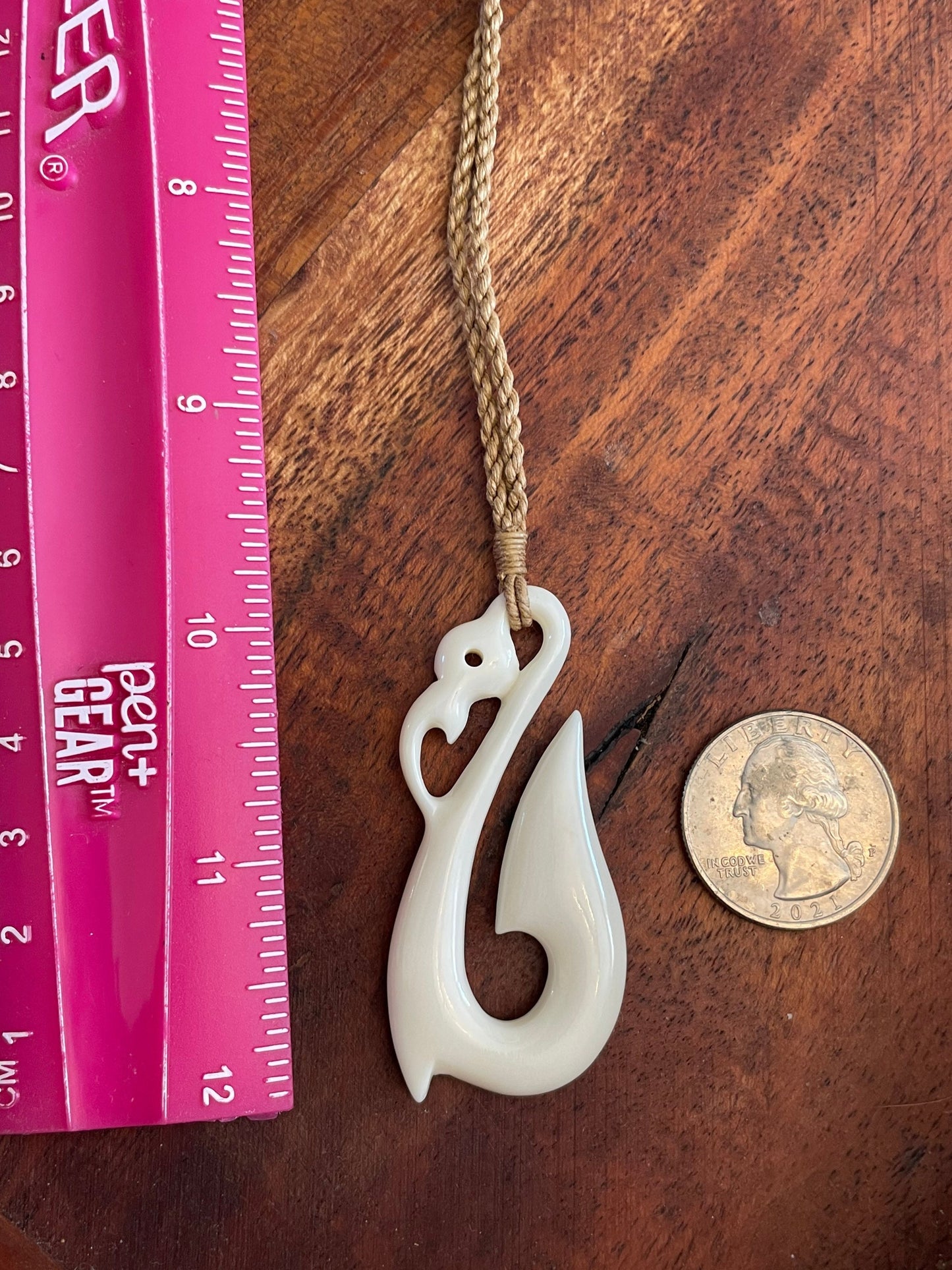 Hand Carved Buffalo Bone Fish Hook Necklace - Polynesian Makau Jewelry