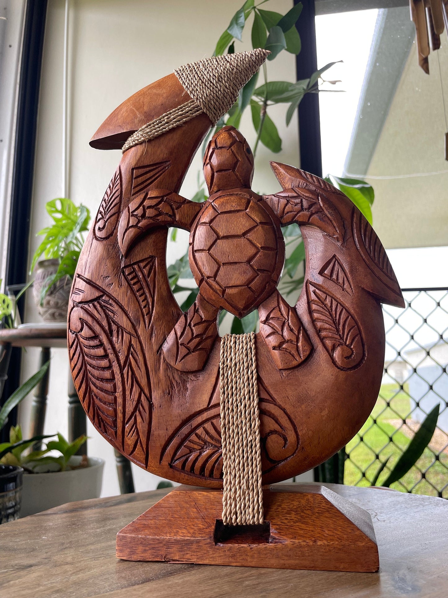 Amazingly Detailed Solid Sea Hibiscus Wood- Hand-Carved Makau with Honu or Sea Turtle on a Base. Beautiful Tribal Designs
