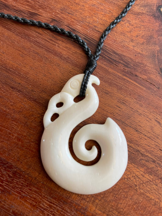 Hand Carved Buffalo Bone Fish Hook Necklace – Polynesian Makau Koru