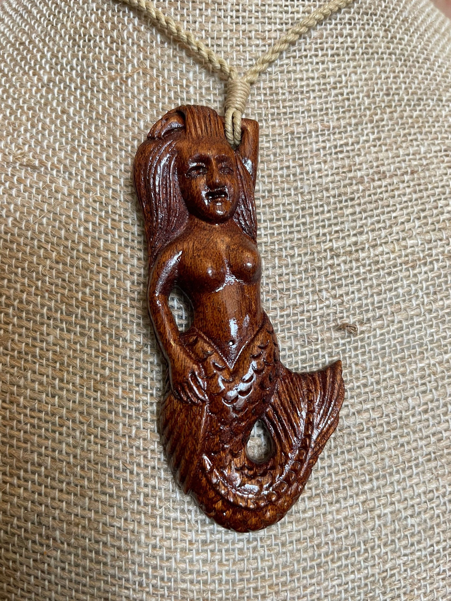 Hand Carved Koa Wood Mermaid Necklace – Adjustable Polynesian Jewelry
