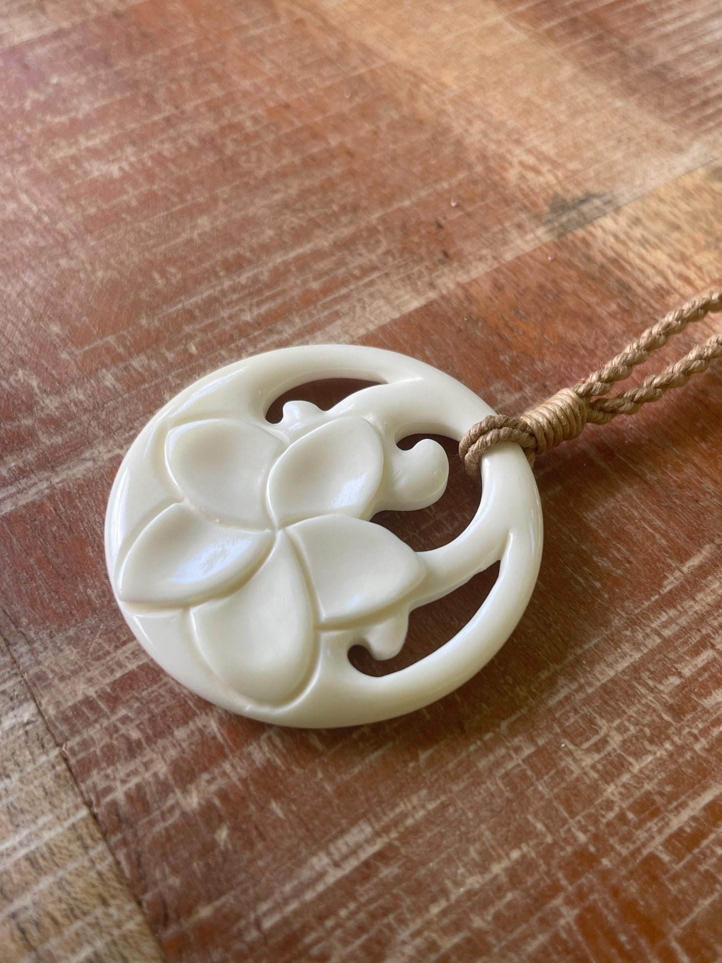 Hand Carved Bone Plumeria Necklace, Polynesian Boho Jewelry