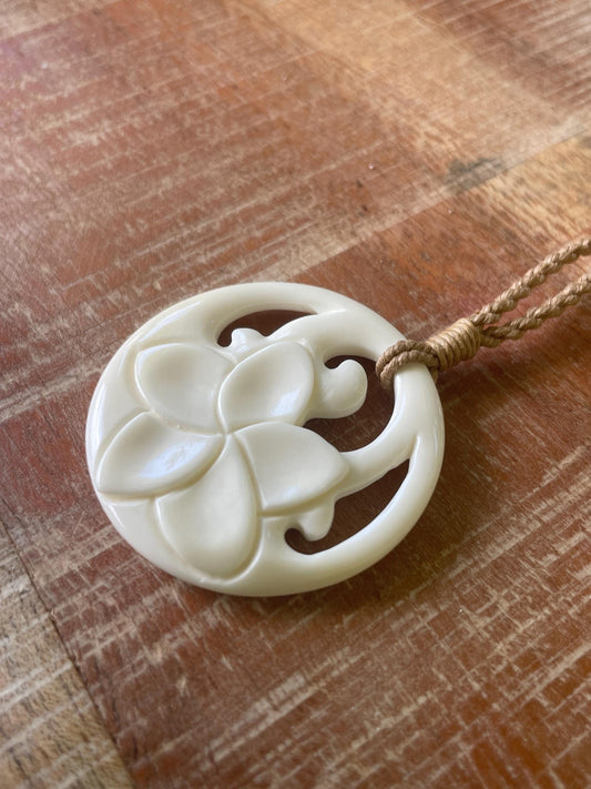 Hand Carved Bone Plumeria Necklace, Polynesian Boho Jewelry
