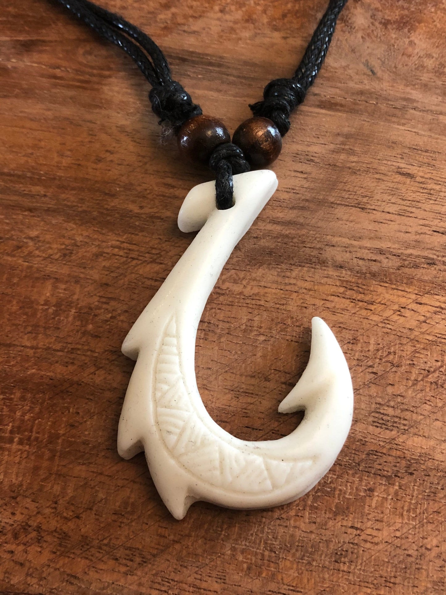 Polynesian Makau Fish Hook Necklace, White Bone Resin, Adjustable Boho Surfer Style