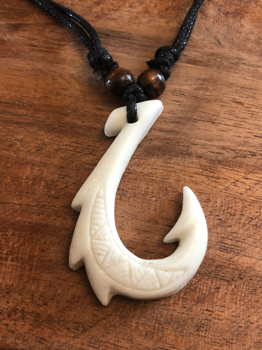 Polynesian Makau Fish Hook Necklace, White Bone Resin, Adjustable Boho Surfer Style