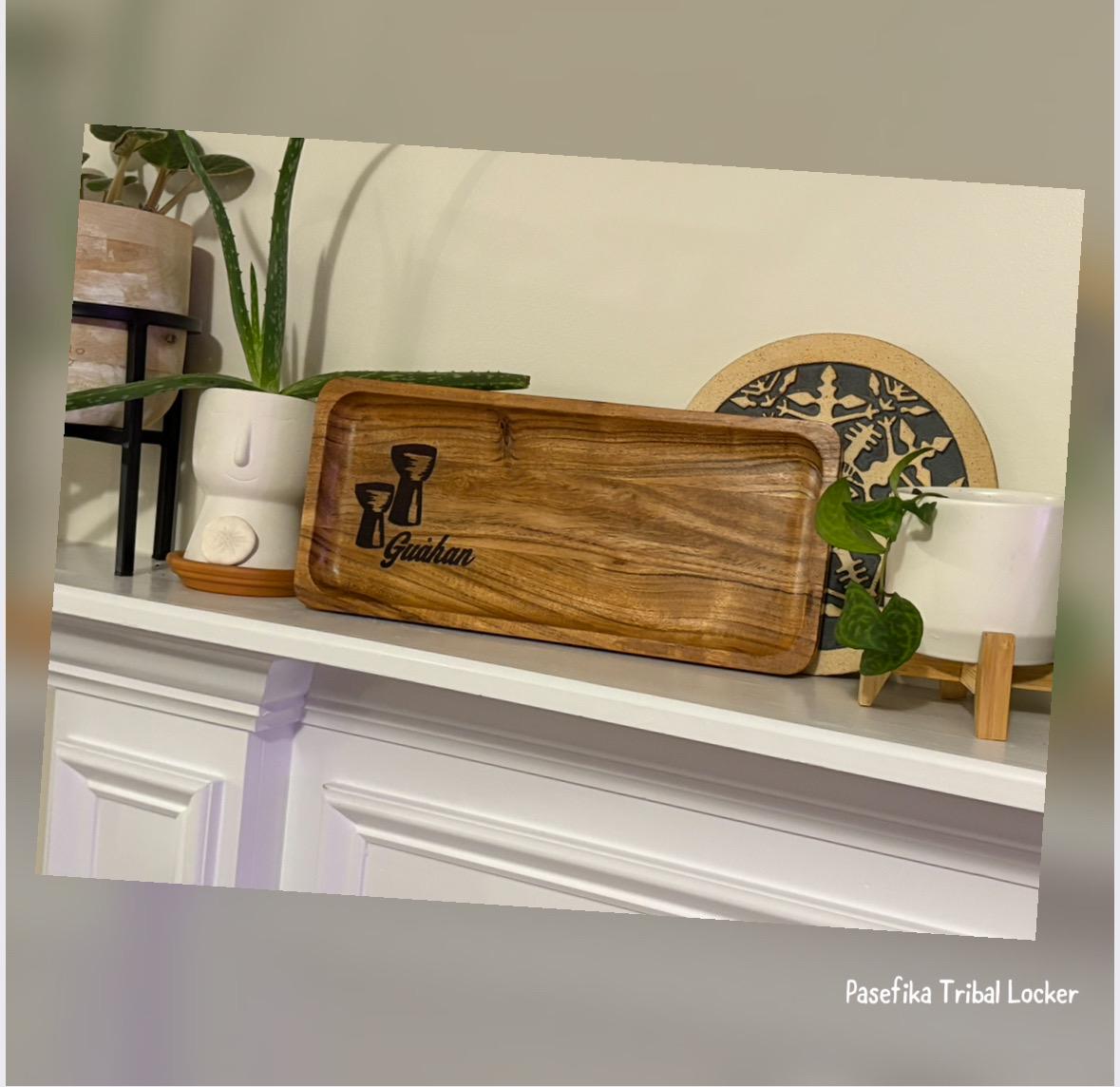 Chamorro Latte Stone Teak Tray: Guahan Engraved Wood Dish